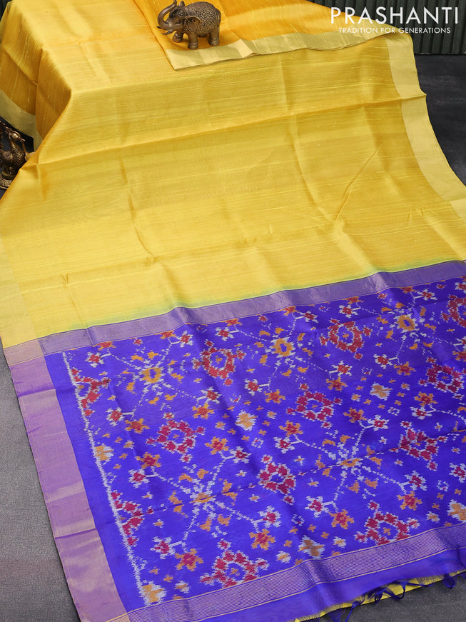 Pure raw silk saree yellow and royal blue with plain body and ikat woven pallu