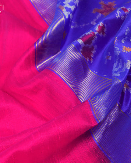 Pure raw silk saree pink and royal blue with plain body and ikat woven pallu