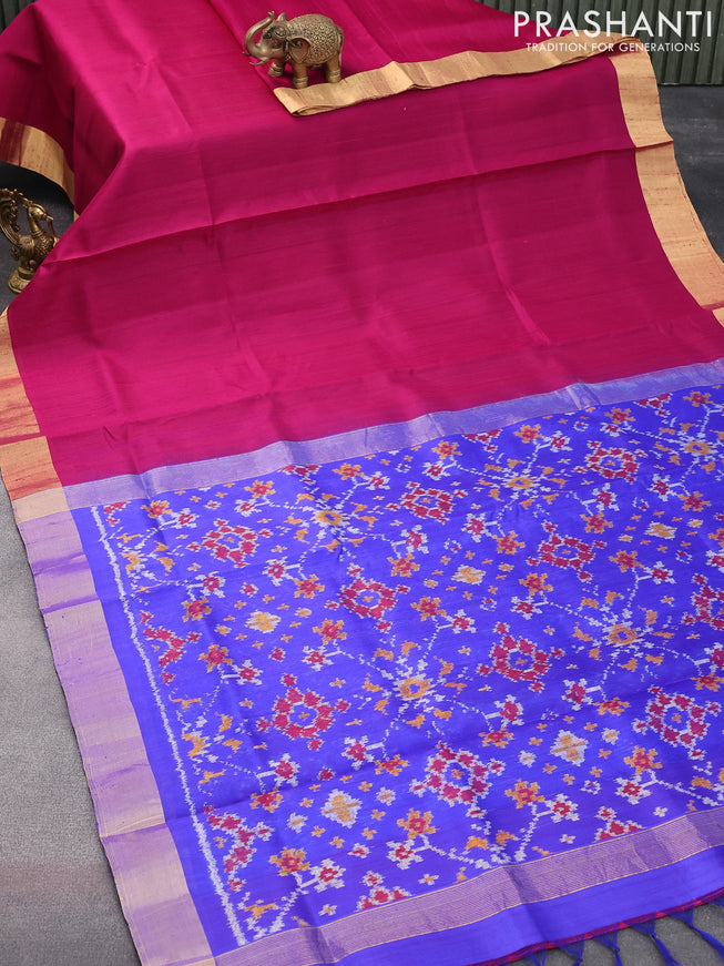 Pure raw silk saree magenta pink and royal blue with plain body and ikat woven pallu