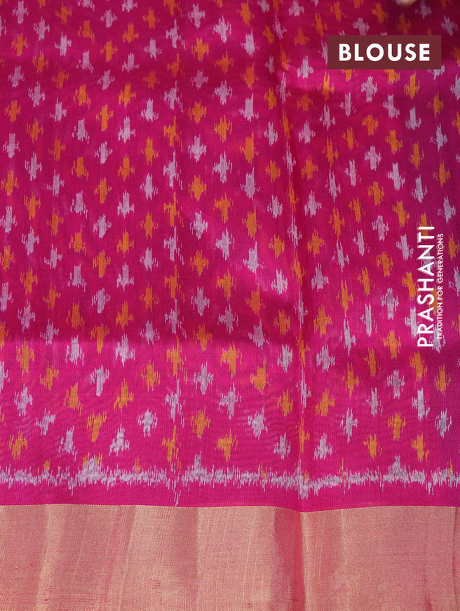 Pure raw silk saree blue and pink with plain body and ikat woven pallu