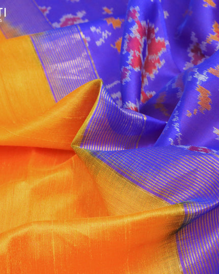 Pure raw silk saree yellow and royal blue with plain body and ikat woven pallu