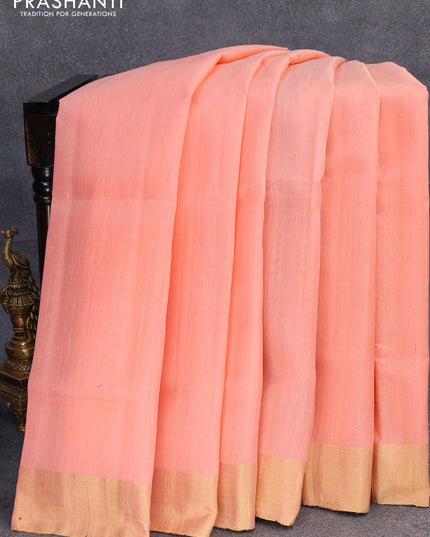 Pure raw silk saree peach pink and royal blue with plain body and ikat woven pallu