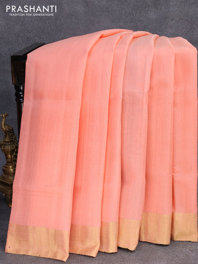 Pure raw silk saree peach pink and royal blue with plain body and ikat woven pallu