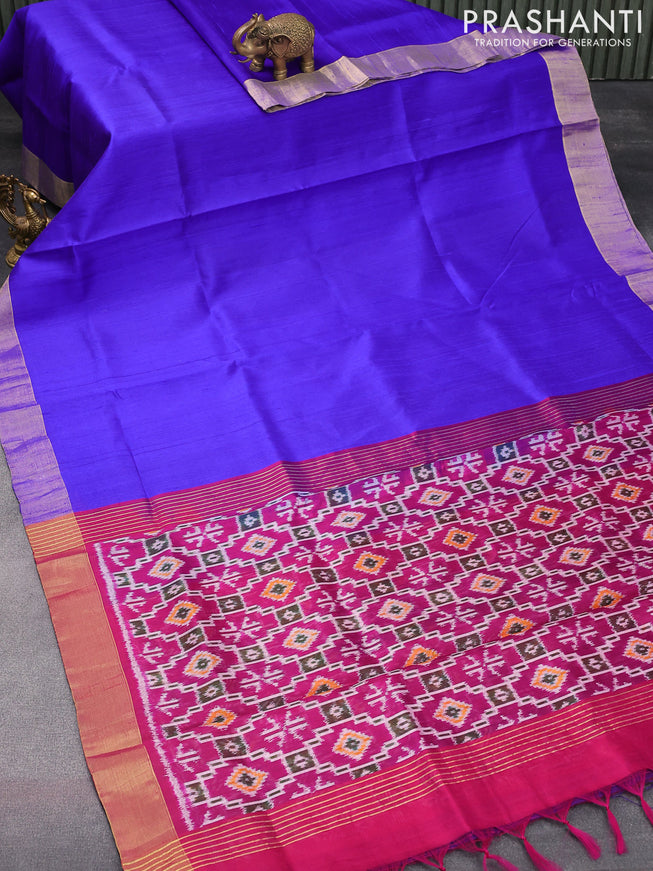 Pure raw silk saree blue and magenta pink with plain body and ikat design pallu
