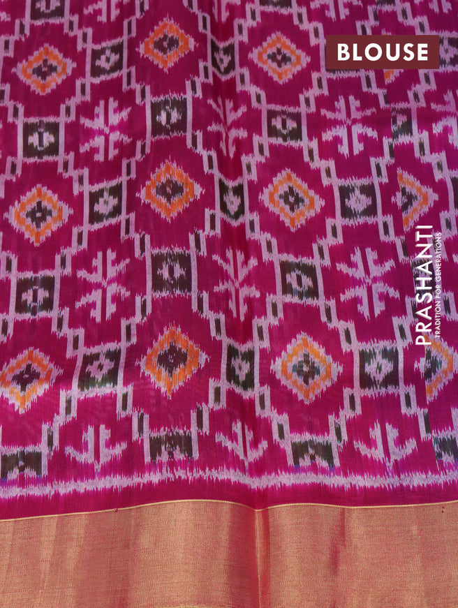 Pure raw silk saree blue and magenta pink with plain body and ikat design pallu