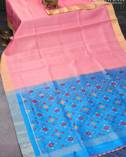 Pure raw silk saree peach pink and cs blue with plain body and ikat design pallu