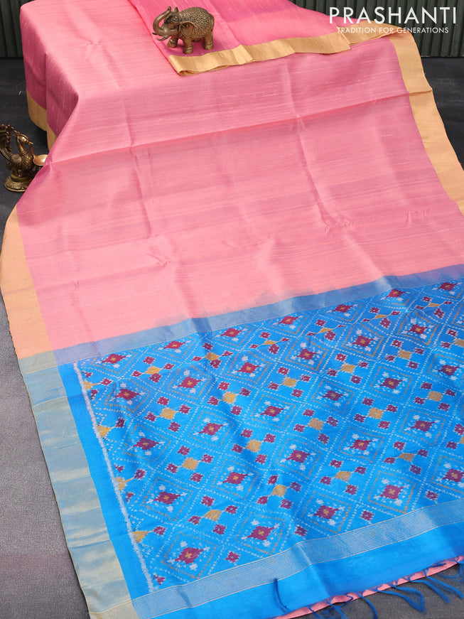 Pure raw silk saree peach pink and cs blue with plain body and ikat design pallu
