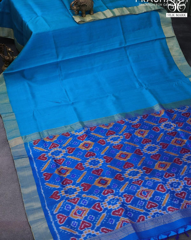 Pure raw silk saree light blue and cs blue with plain body and ikat design pallu
