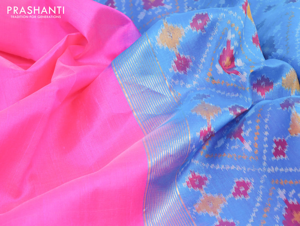 Pure raw silk saree pink and cs blue with plain body and ikat design pallu