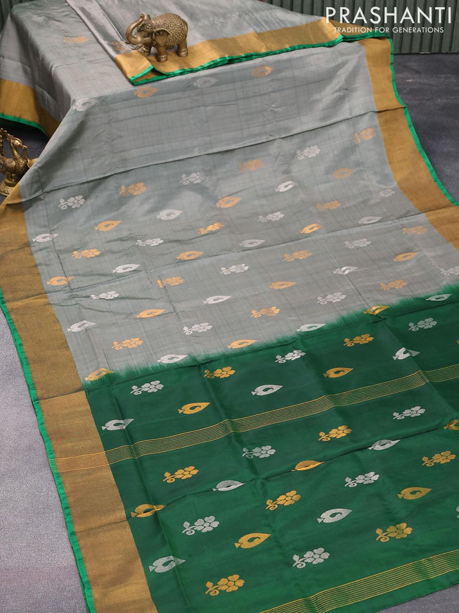 Pure uppada silk saree grey and green with silver & gold zari woven buttas and zari woven border - {{ collection.title }} by Prashanti Sarees