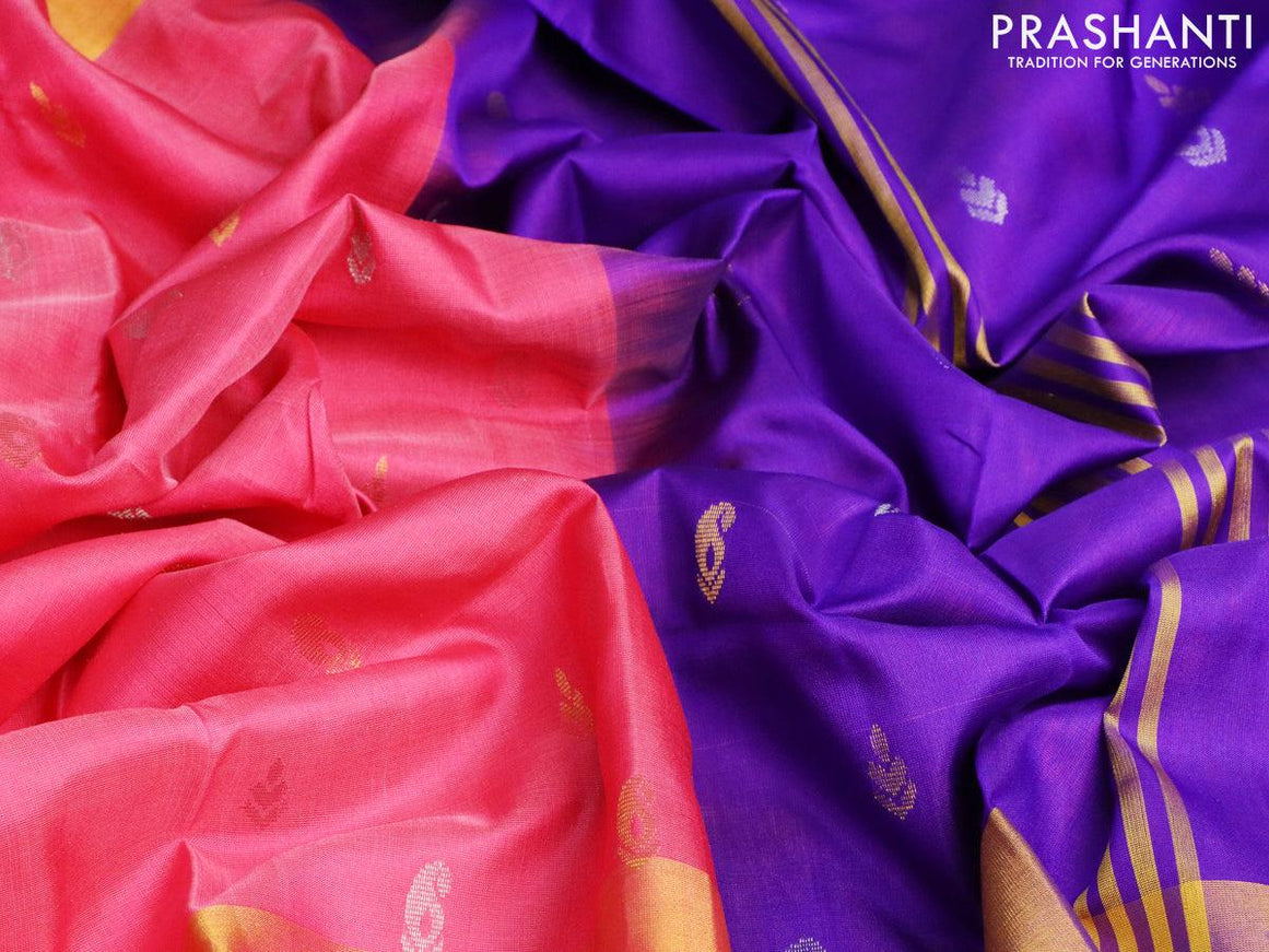 Pure uppada silk saree pink and blue with silver & gold zari woven buttas and long ikat woven zari border - {{ collection.title }} by Prashanti Sarees