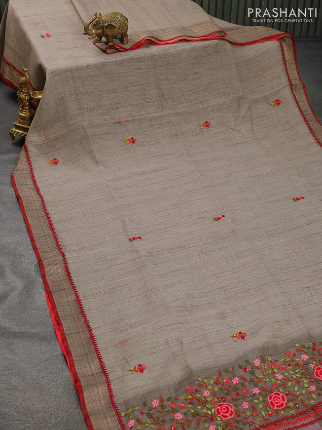 Tissue linen saree grey and red with thread woven embroidery work buttas and zari woven border - {{ collection.title }} by Prashanti Sarees