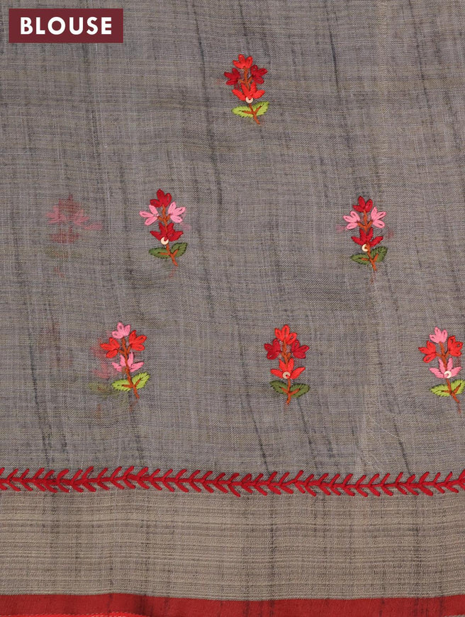Tissue linen saree grey and red with thread woven embroidery work buttas and zari woven border - {{ collection.title }} by Prashanti Sarees