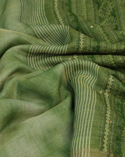 Tissue linen saree green with thread woven embroidery work buttas and zari woven border - {{ collection.title }} by Prashanti Sarees