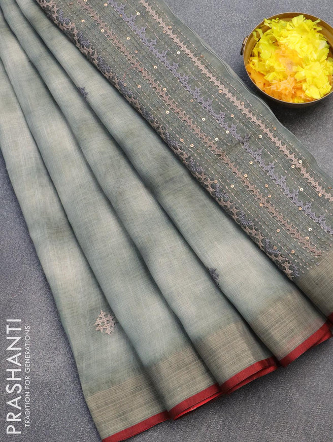 Tissue linen saree grey shade with thread woven embroidery work buttas and zari woven border - {{ collection.title }} by Prashanti Sarees