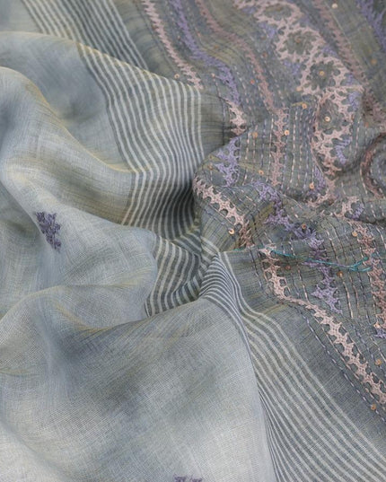 Tissue linen saree grey shade with thread woven embroidery work buttas and zari woven border - {{ collection.title }} by Prashanti Sarees