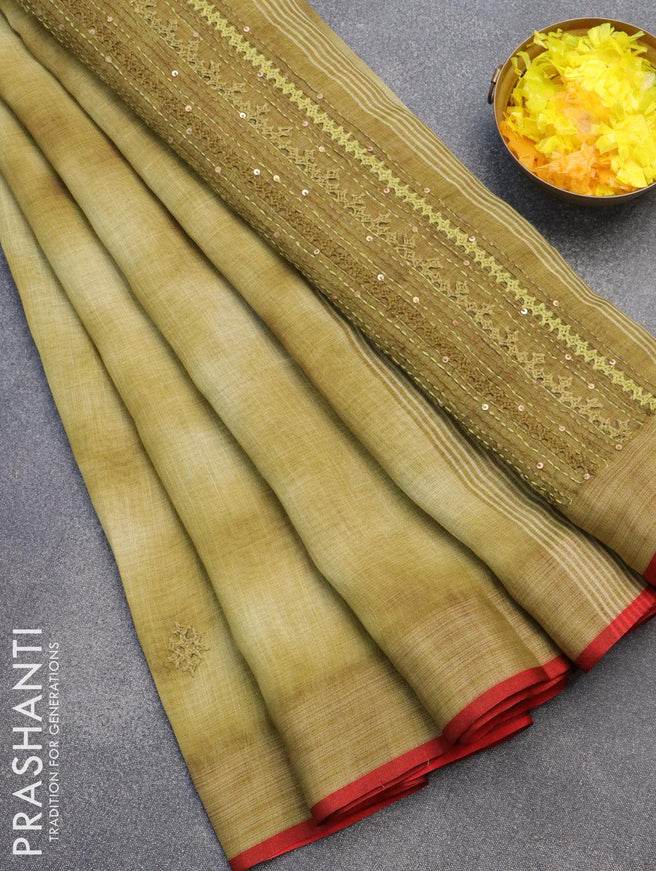 Tissue linen saree mehendi green with thread woven embroidery work buttas and zari woven border - {{ collection.title }} by Prashanti Sarees