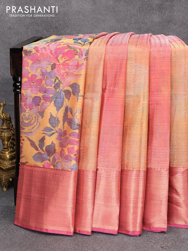 Roopam partly silk saree yellow and pink with allover floral ikat weaves & zari weaves and long copper zari woven border - {{ collection.title }} by Prashanti Sarees