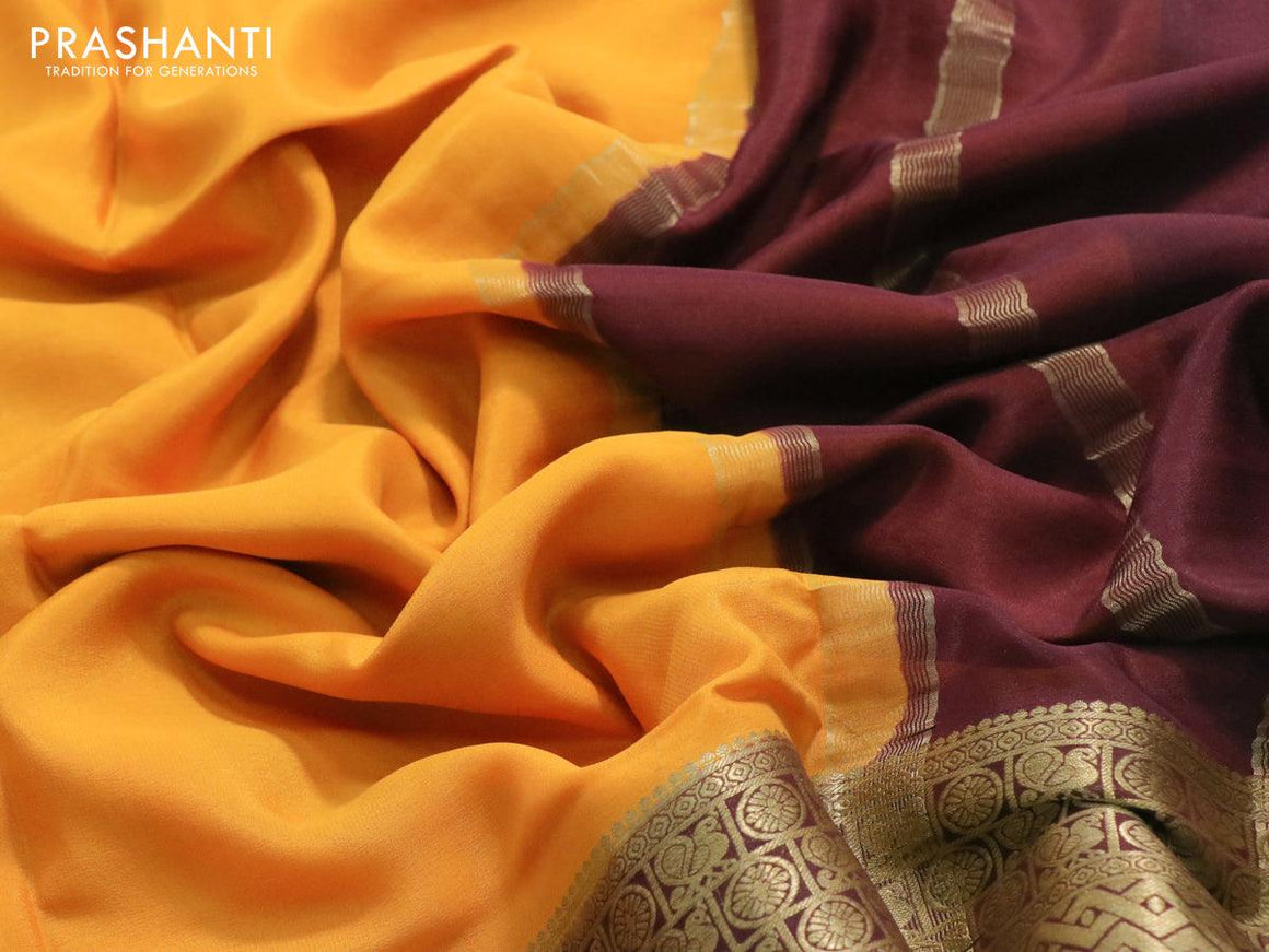 Pure mysore silk saree mustard yellow and coffee brown with plain body and zari woven border - {{ collection.title }} by Prashanti Sarees