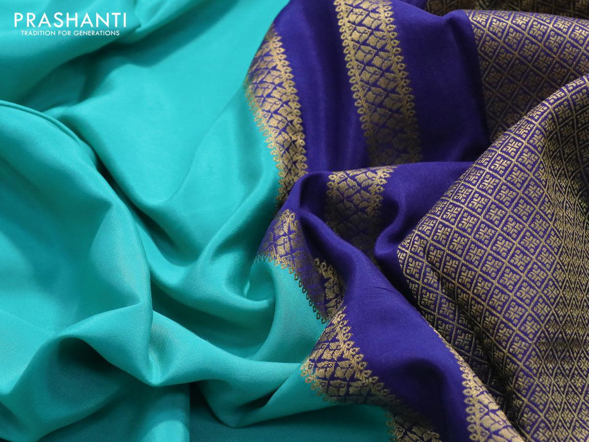 Pure mysore silk saree teal blue and blue with plain body and zari woven border - {{ collection.title }} by Prashanti Sarees