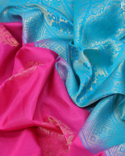 Pure soft silk saree pink and teal blue with silver & gold zari woven buttas in borderless style - {{ collection.title }} by Prashanti Sarees