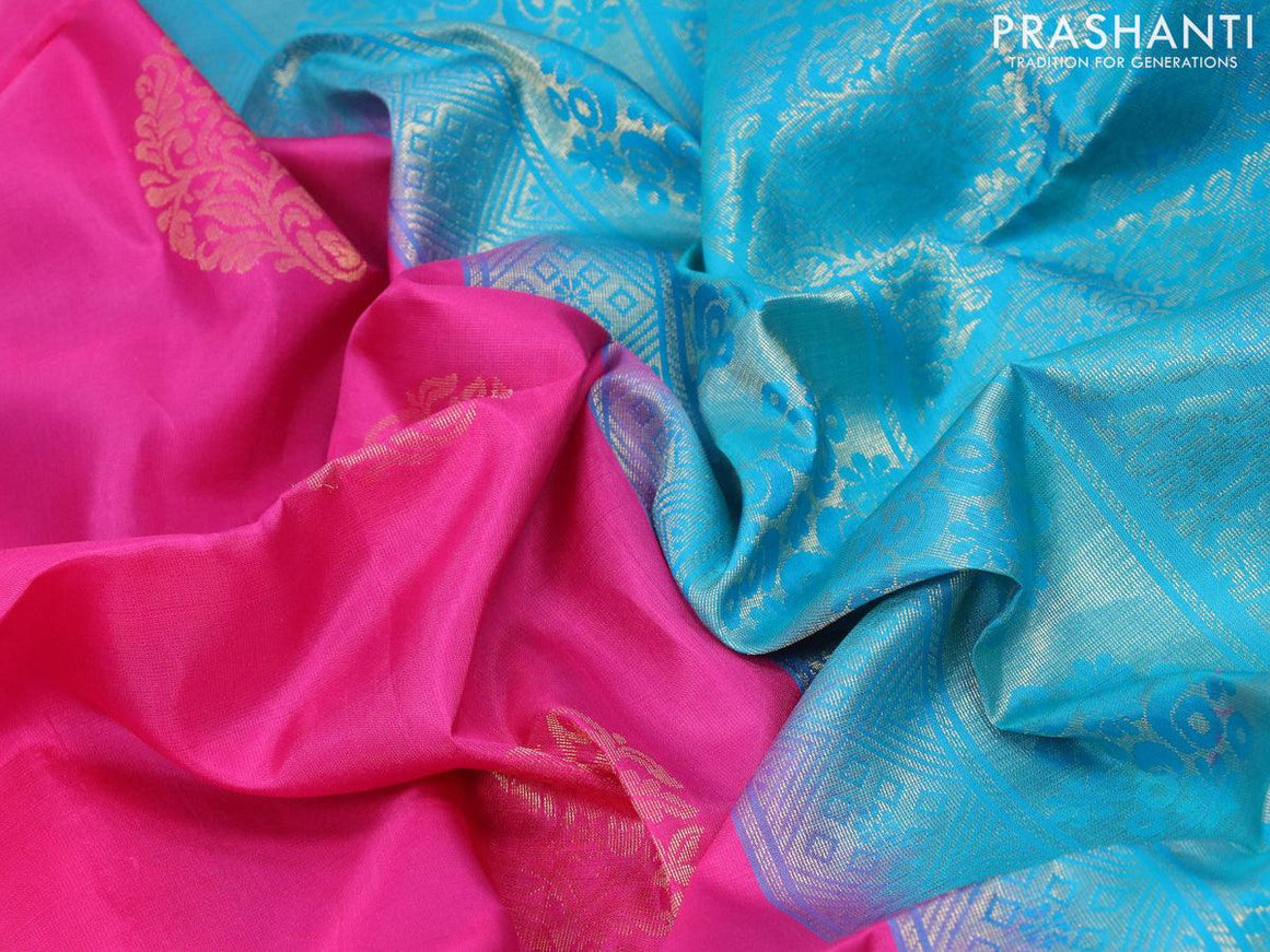 Pure soft silk saree pink and teal blue with silver & gold zari woven buttas in borderless style - {{ collection.title }} by Prashanti Sarees