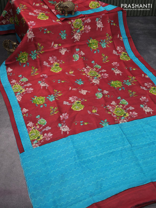 Printed silk saree red and light blue with allover floral prints and printed border - {{ collection.title }} by Prashanti Sarees