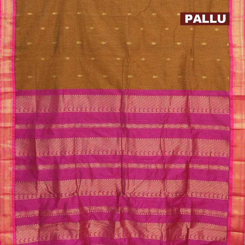 Kalyani cotton saree dark mustard and pink with zari woven buttas and zari woven border - {{ collection.title }} by Prashanti Sarees