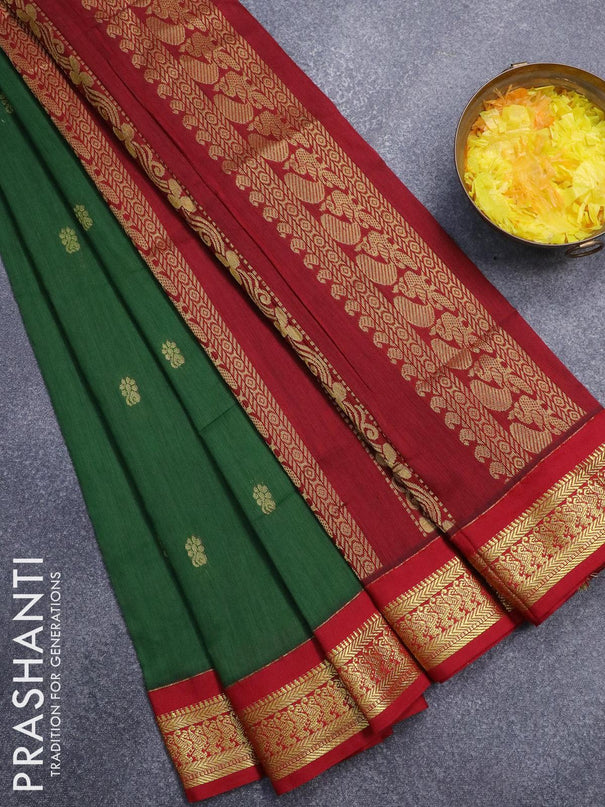 Kalyani cotton saree green and red with zari woven buttas and zari woven border - {{ collection.title }} by Prashanti Sarees