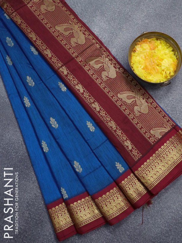 Kalyani cotton saree blue and maroon with zari woven buttas and zari woven border - {{ collection.title }} by Prashanti Sarees