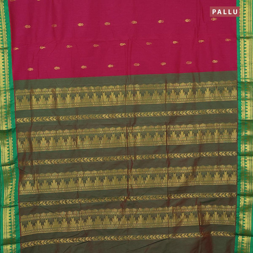 Kalyani cotton saree magenta pink and green with zari woven buttas and zari woven border - {{ collection.title }} by Prashanti Sarees