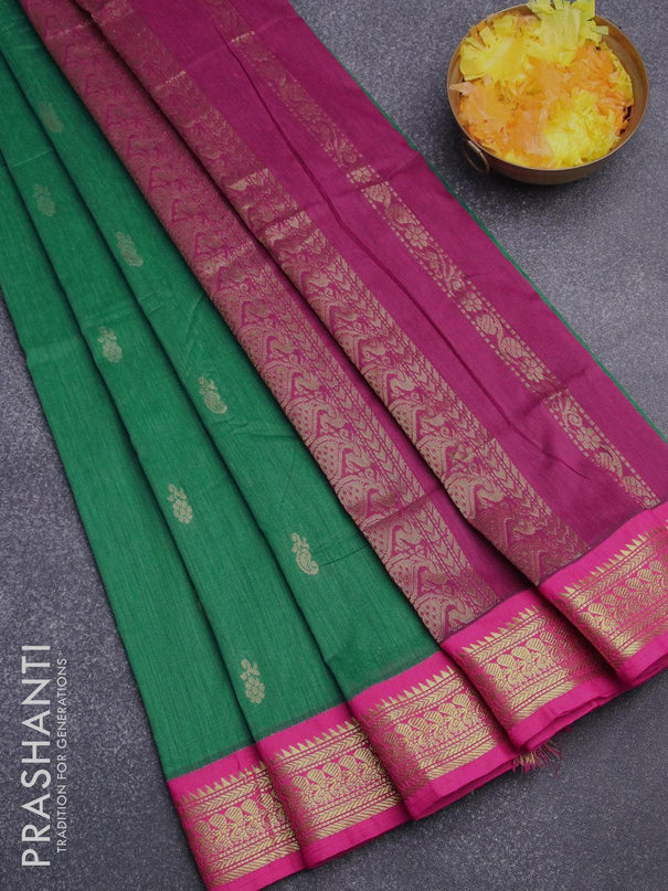 Kalyani cotton saree green and pink with zari woven buttas and zari woven border - {{ collection.title }} by Prashanti Sarees