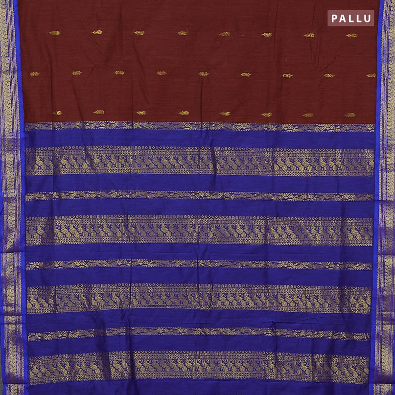 Kalyani cotton saree maroon and blue with zari woven buttas and zari woven border - {{ collection.title }} by Prashanti Sarees