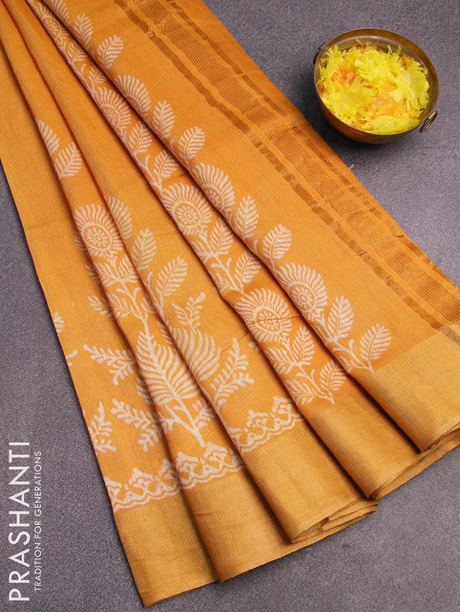 Bhagalpuri saree yellow with leaf butta prints and zari woven border - {{ collection.title }} by Prashanti Sarees