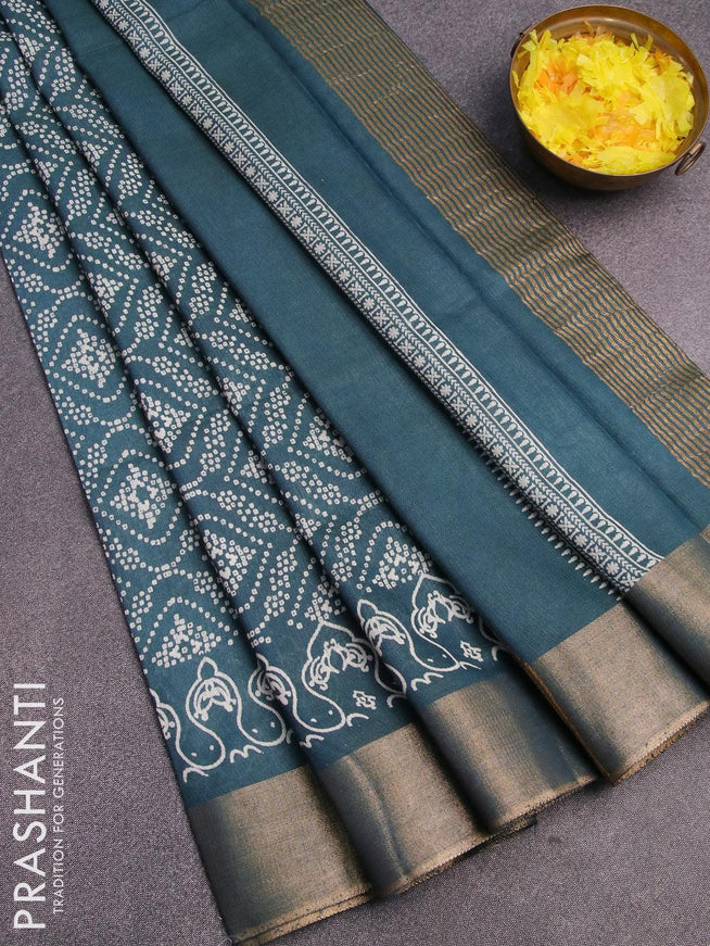 Bhagalpuri saree dark peacock green with allover bandhani prints and zari woven border - {{ collection.title }} by Prashanti Sarees
