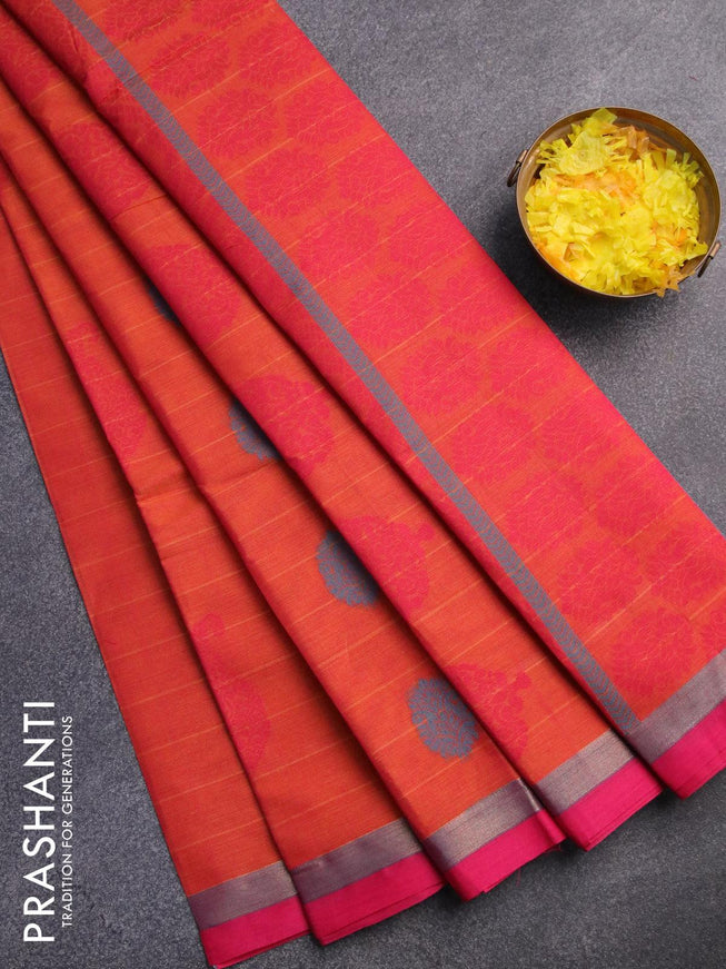 Nithyam cotton saree dual shade of pinkish orange and pink with thread woven buttas and zari woven simple border - {{ collection.title }} by Prashanti Sarees