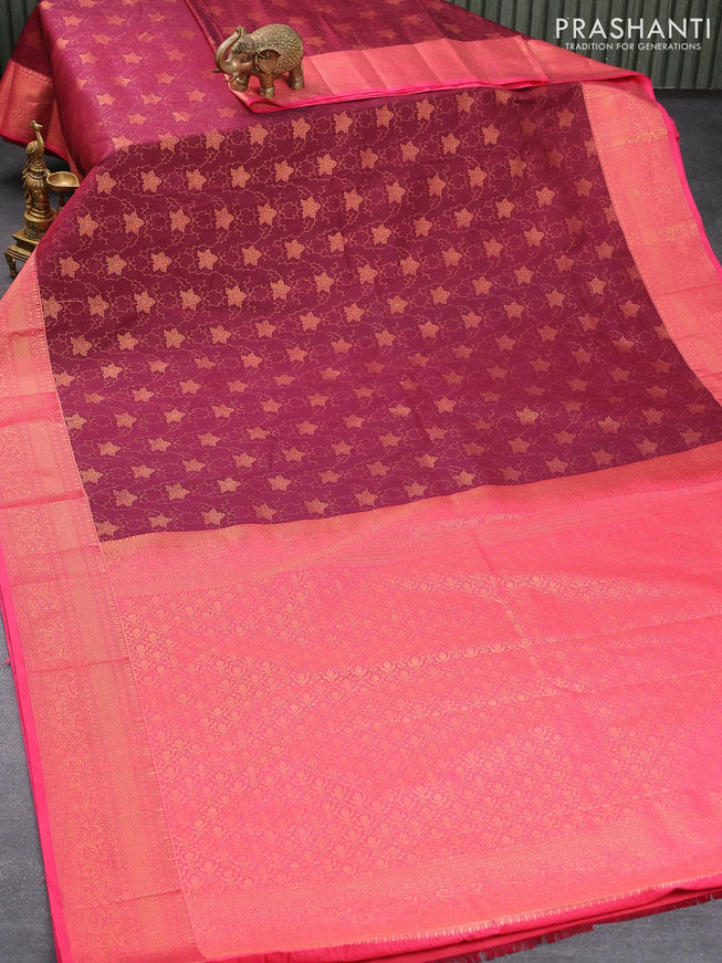 Bangalori silk saree maroon and pink with allover zari weaves and copper zari woven border - {{ collection.title }} by Prashanti Sarees