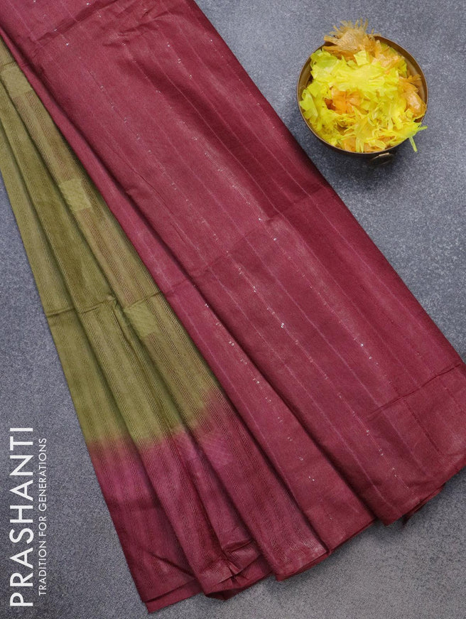 Bamboo silk saree mehendi green and maroon with allover thread weaves and sequin work pallu - {{ collection.title }} by Prashanti Sarees