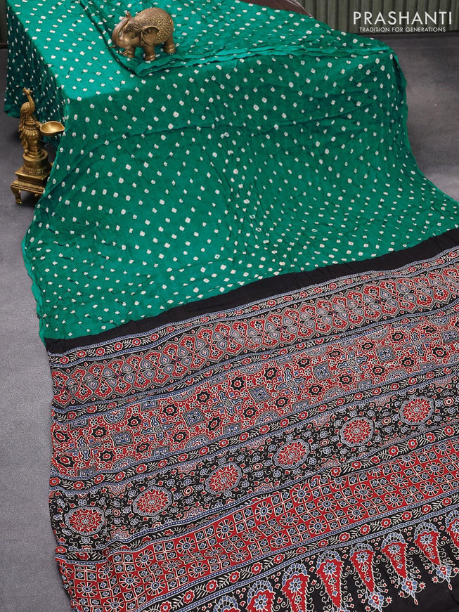 Modal silk saree teal green and black with allover bandhani prints and ajrakh printed pallu - {{ collection.title }} by Prashanti Sarees