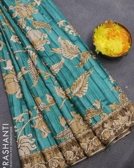 Semi tussar saree teal blue with kalamkari prints & french knot work and printed border - {{ collection.title }} by Prashanti Sarees
