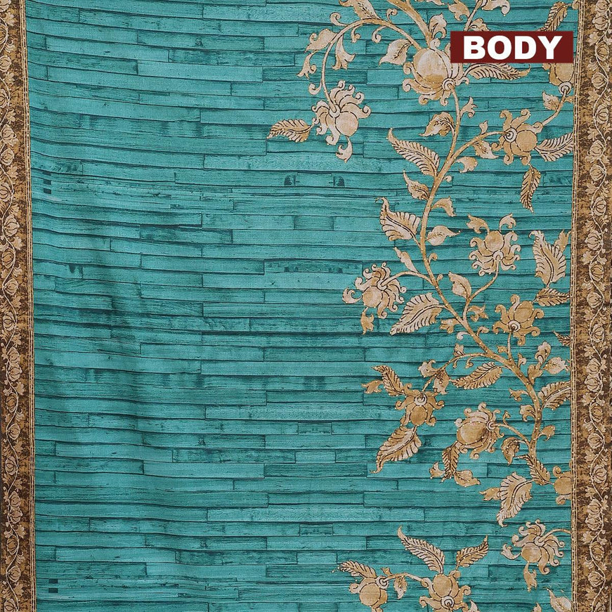 Semi tussar saree teal blue with kalamkari prints & french knot work and printed border - {{ collection.title }} by Prashanti Sarees