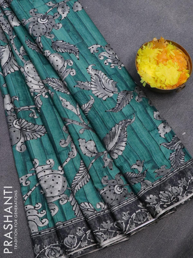 Semi tussar saree teal green with kalamkari prints & french knot work and printed border - {{ collection.title }} by Prashanti Sarees
