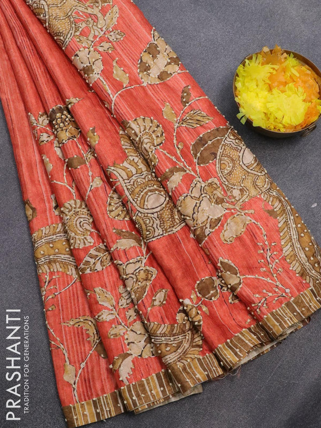 Semi tussar saree orange with kalamkari prints & french knot work and simple border - {{ collection.title }} by Prashanti Sarees