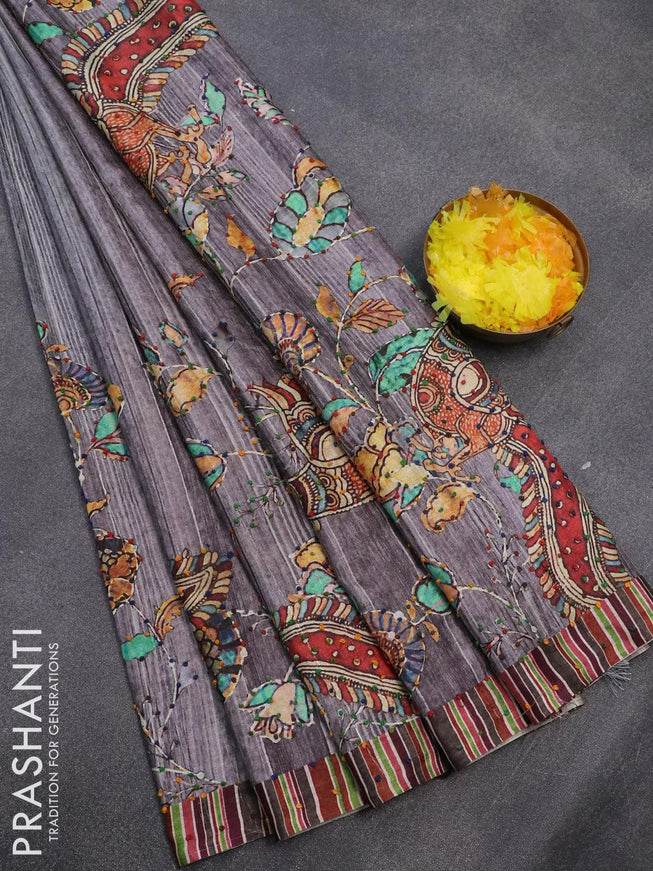 Semi tussar saree grey with kalamkari prints & french knot work and simple border - {{ collection.title }} by Prashanti Sarees