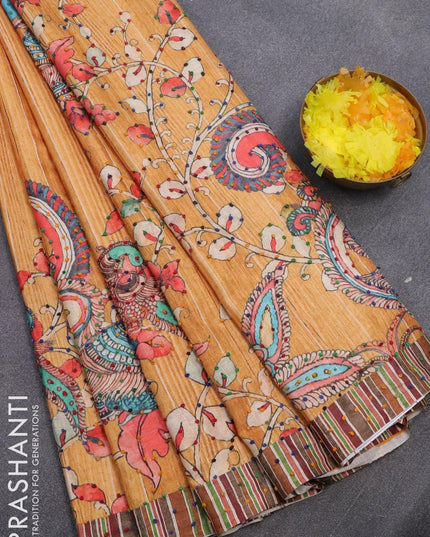 Semi tussar saree mustard yellow with kalamkari prints & french knot work and simple border - {{ collection.title }} by Prashanti Sarees