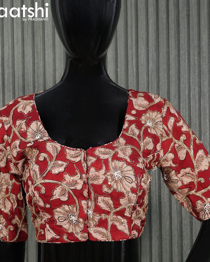 Pen Kalamkari Readymade blouse maroon with aari work and back knot - {{ collection.title }} by Prashanti Sarees