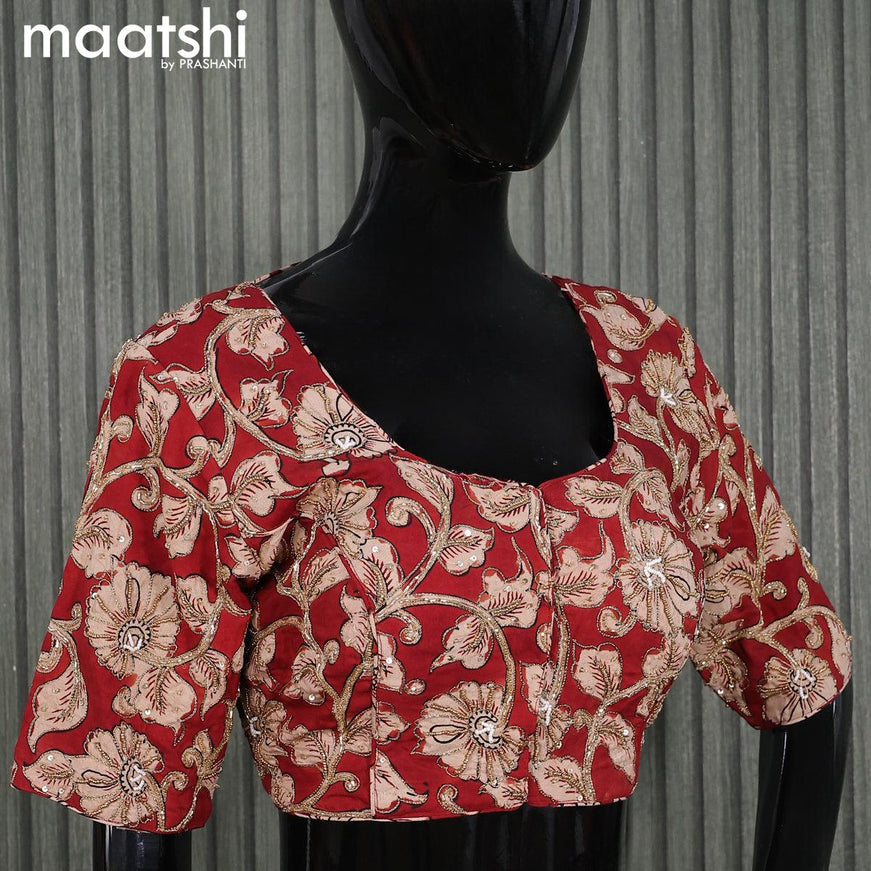 Pen Kalamkari Readymade blouse maroon with aari work and back knot - {{ collection.title }} by Prashanti Sarees
