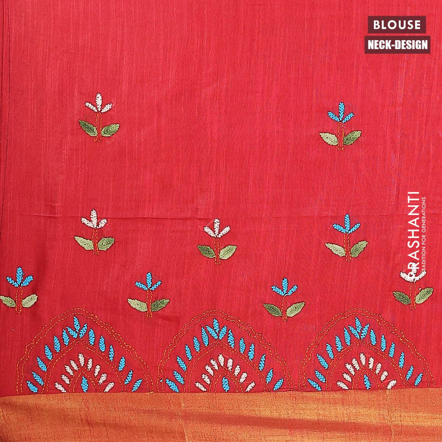 Semi tussar saree red with allover stripes pattern and seperate embroidery work blouse - {{ collection.title }} by Prashanti Sarees
