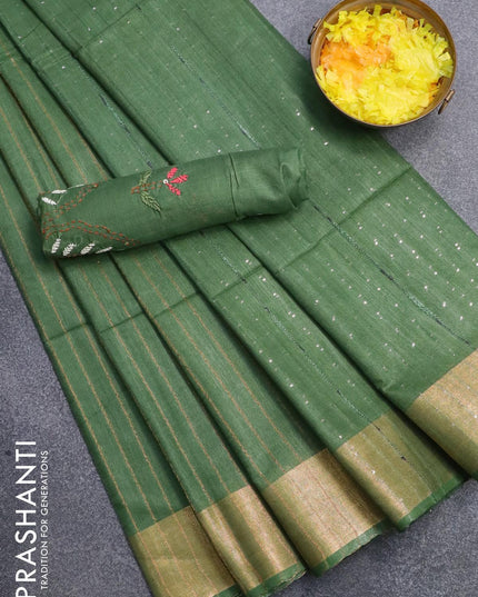 Semi tussar saree green with allover stripes pattern and seperate embroidery work blouse - {{ collection.title }} by Prashanti Sarees