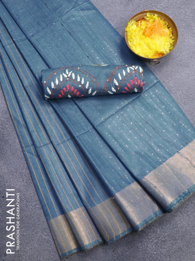 Semi tussar saree blue with allover stripes pattern and seperate embroidery work blouse - {{ collection.title }} by Prashanti Sarees